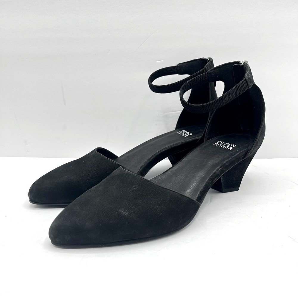 Eileen Fisher Women’s Size 7.5 Just Suede Ankle Strap Pump Shoe Black Classic